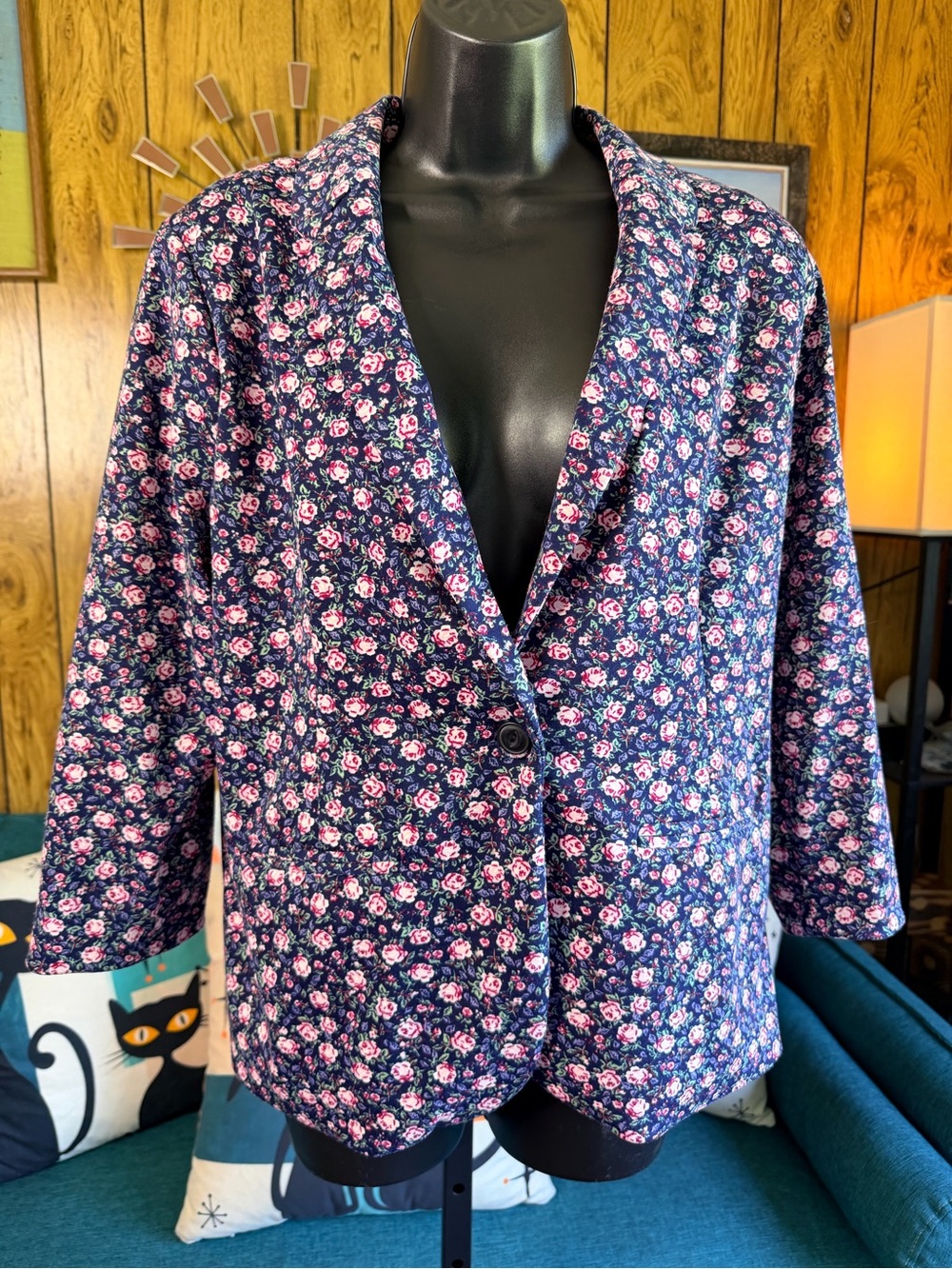 LC Lauren Conrad Navy Floral Single-Button Blazer with Pink Accents - Picture 9 of 9
